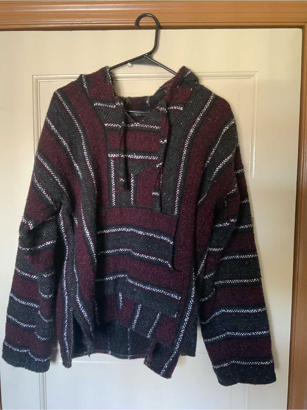 Men's Hooded Baja Knit Sweater - Burgundy & Black Stripe